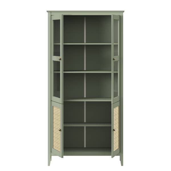 Credenza con vetrina BELLERIA Pino massello / Paglia di Vienna - verde oliva chiaro