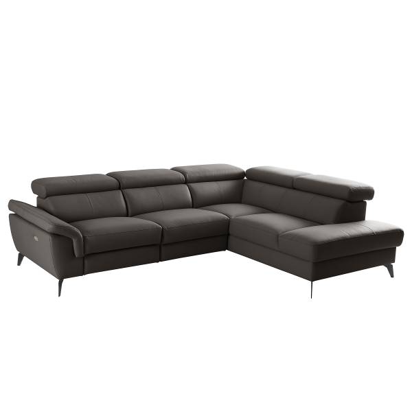 Ecksofa Leneva mit Ottomane Echtleder Mabel / Kunstleder Manda: Dunkelbraun - Ottomane davorstehend rechts - Schwarz