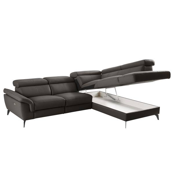 Ecksofa Leneva mit Ottomane Echtleder Mabel / Kunstleder Manda: Dunkelbraun - Ottomane davorstehend rechts - Schwarz