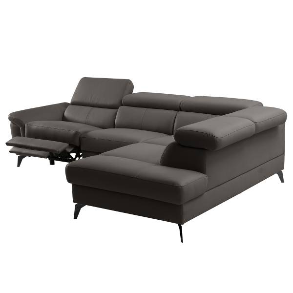 Ecksofa Leneva mit Ottomane Echtleder Mabel / Kunstleder Manda: Dunkelbraun - Ottomane davorstehend rechts - Schwarz