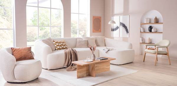 Loungestuhl Mesita Beige - Bouclé - Eiche - 70 x 76 x 71 cm