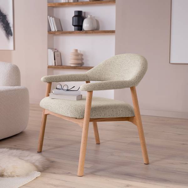 Loungestuhl Mesita Beige - Bouclé - Eiche - 70 x 76 x 71 cm