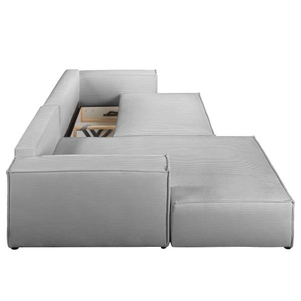 Ecksofa NIWARA mit Schlaffunktion Cordstoff Poppy: Hellgrau - Longchair davorstehend links