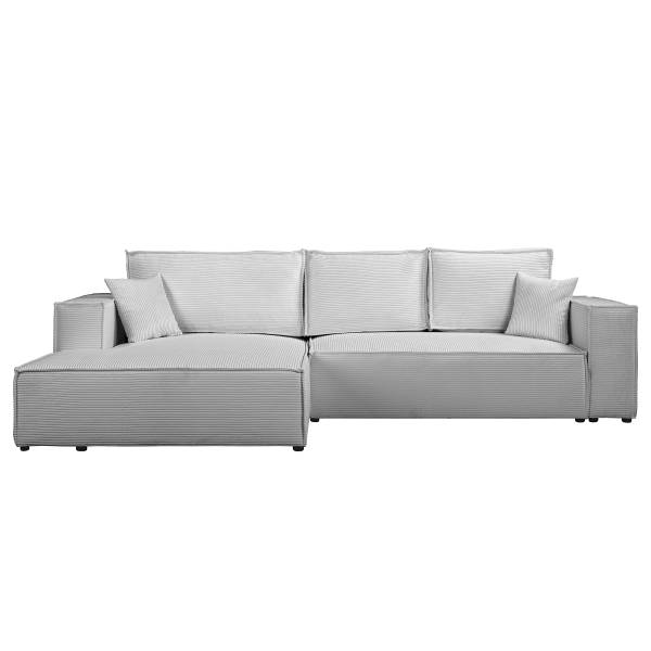 Ecksofa NIWARA mit Schlaffunktion Cordstoff Poppy: Hellgrau - Longchair davorstehend links