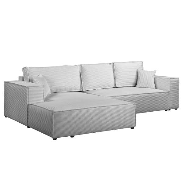 Ecksofa NIWARA mit Schlaffunktion Cordstoff Poppy: Hellgrau - Longchair davorstehend links