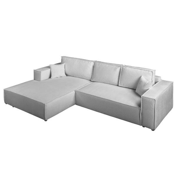 Ecksofa NIWARA mit Schlaffunktion Cordstoff Poppy: Hellgrau - Longchair davorstehend links