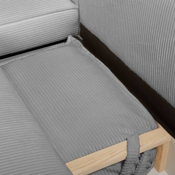 Ecksofa NIWARA mit Schlaffunktion Cordstoff Poppy: Hellgrau - Longchair davorstehend links