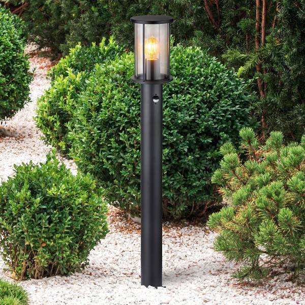 Padverlichting Gracey met sensor roestvrij staal/rookglas - zwart - 1-lichts - Hoogte: 100 cm