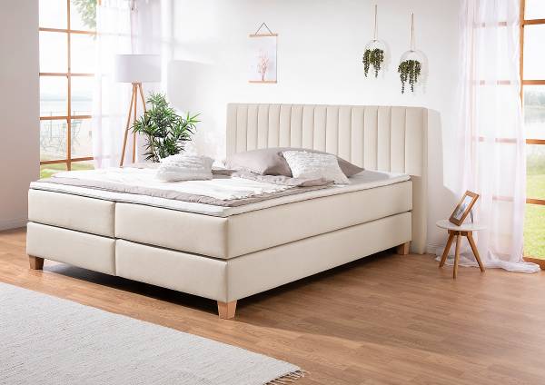 Boxspringbett Montini Webstoff Ramse: Ecru - 180 x 200cm - Bonellfederkernmatratze - H3
