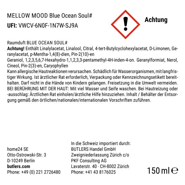 Parfum MELLOW MOOD Blue Ocean Soul Verre / polyester / parfum d’ambiance - Bleu pastel - Quantité de remplissage : 150 ml