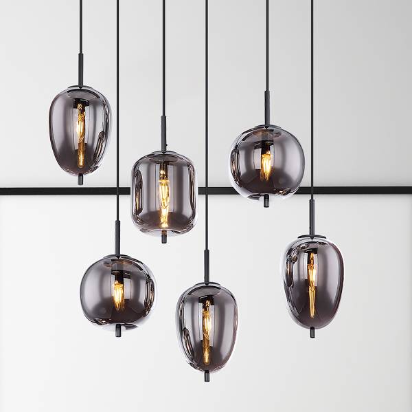 Suspension Blacky - Type B Verre fumé / Fer - 6 ampoules