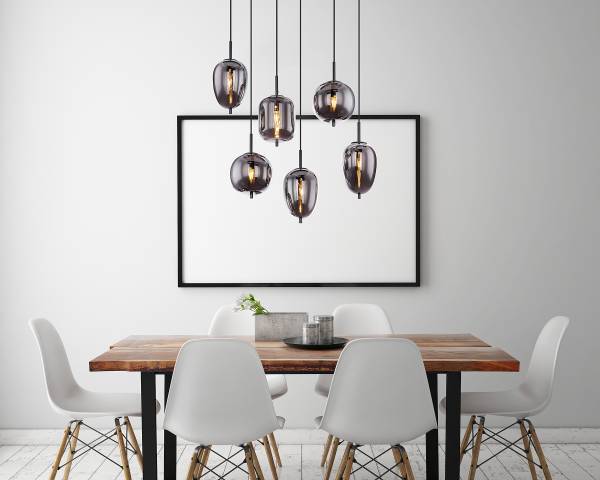 Suspension Blacky - Type B Verre fumé / Fer - 6 ampoules