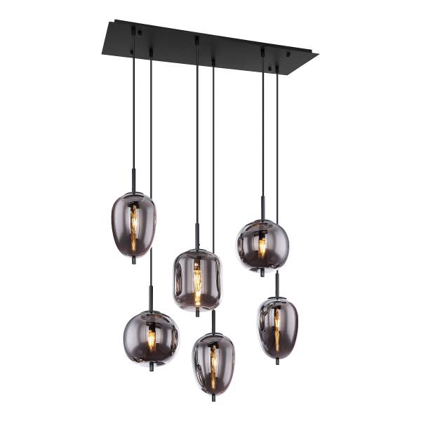 Suspension Blacky - Type B Verre fumé / Fer - 6 ampoules
