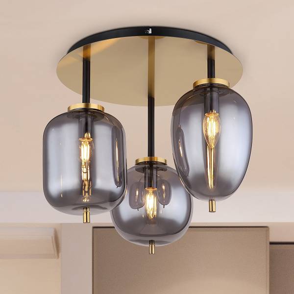 Deckenleuchte Blacky Typ B Rauchglas / Eisen - 3-flammig