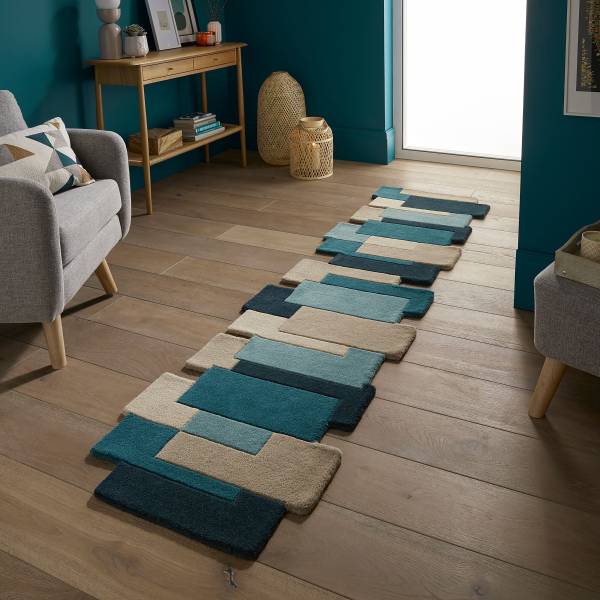 Läufer Collage Teal Wolle - Blau