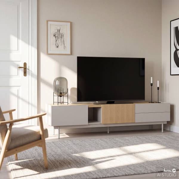 TV-Lowboard Pearcy Echtholzfurnier - Hellgrau / Eiche