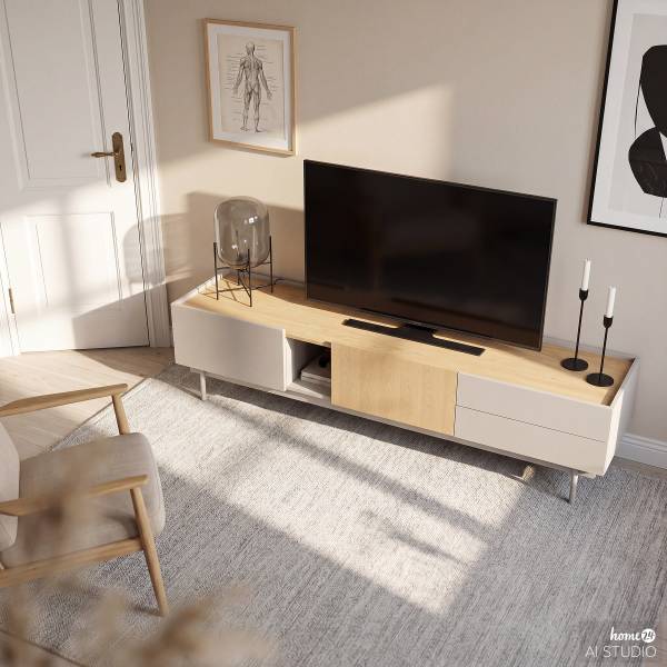 TV-Lowboard Pearcy Echtholzfurnier - Hellgrau / Eiche
