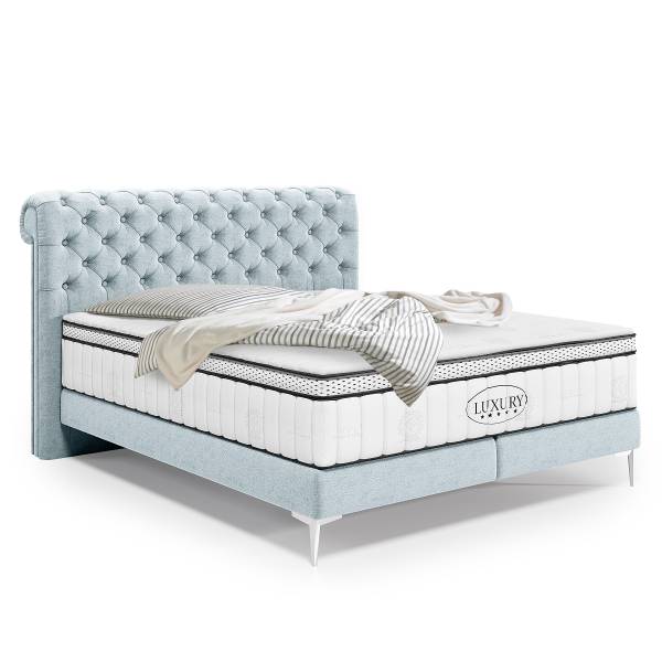 Lit boxspring Hawdon Tissu chenille Lorin: Bleu glacier - 180 x 200cm