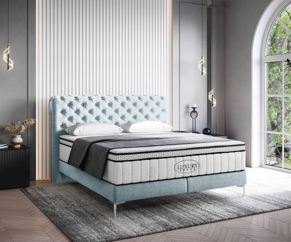 Lit boxspring Hawdon Tissu chenille Lorin: Bleu glacier - 180 x 200cm