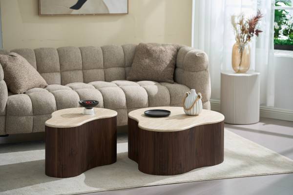 Couchtisch Wawaso - 83 cm Travertin Dekor / Eiche Dunkel Dekor