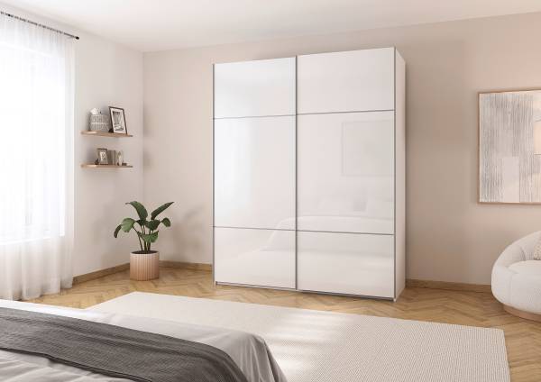 Armadio scorrevole frontali vetro Covalo Bianco - Larghezza: 201 cm - Alluminio - Senza ante a specchio