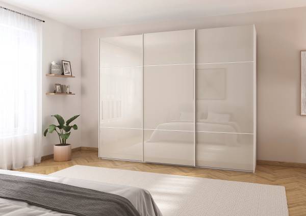 Schwebetürenschrank Covalo mit Glasfront Kaschmir / Weiß - Breite: 301 cm - Weiß - Ohne Spiegeltür/-en