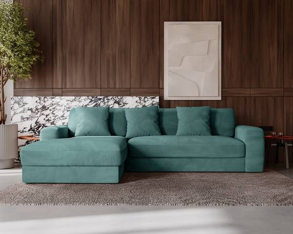 Hoekbank Taleri met chaise longue Corduroy Zuri: Azur - chaise longue vooraanzicht links