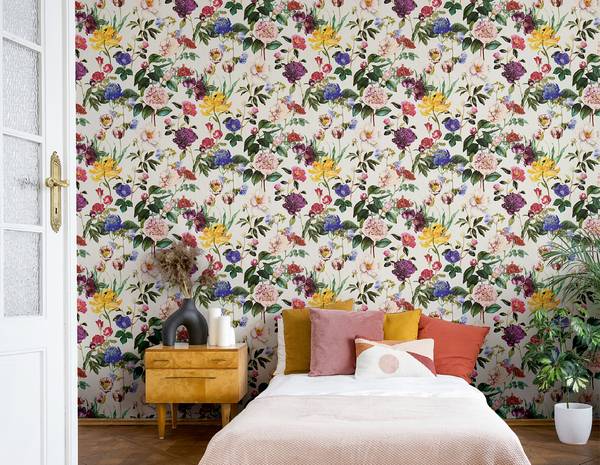 Carta da parati wow Fiori Tessuto non tessuto - Bianco / Giallo - preincollata