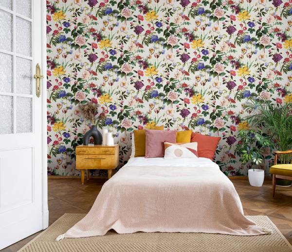 Carta da parati wow Fiori Tessuto non tessuto - Bianco / Giallo - preincollata