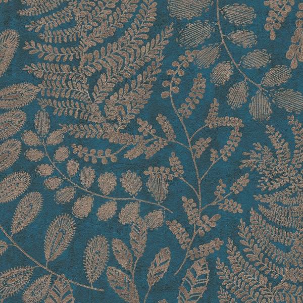 Carta da parati wow Floreale Tessuto non tessuto - Blu / Marrone / Metalizzato - preincollata