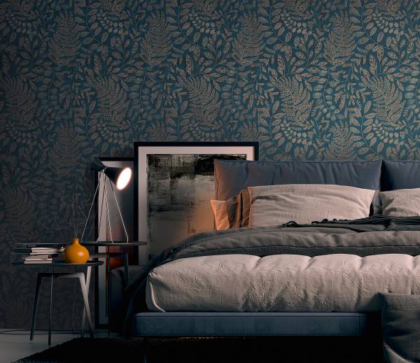 Carta da parati wow Floreale Tessuto non tessuto - Blu / Marrone / Metalizzato - preincollata