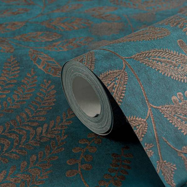 Carta da parati wow Floreale Tessuto non tessuto - Blu / Marrone / Metalizzato - preincollata