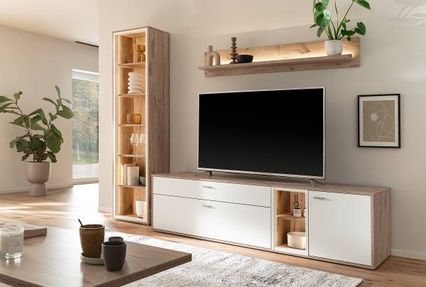 Mobile TV con scomparti Ghortha Effetto rovere / Bianco