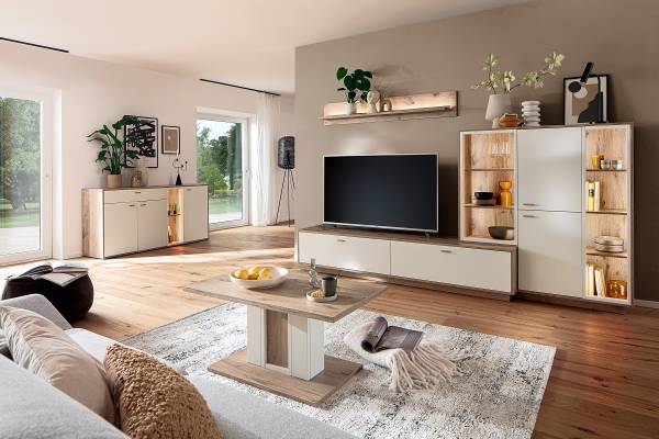 TV-Lowboard Ghortha Weiß / Eiche Viking Dekor