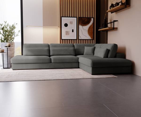 Divano angolare LORNE con penisola Velluto a coste Tila: grigio acciaio - Penisola preimpostata a destra