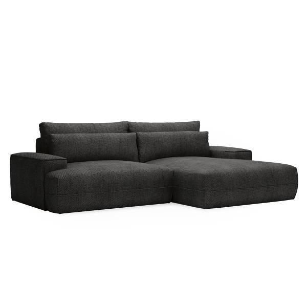 Ecksofa MEREEN mit Schlaffunktion Webstoff Monja: Schwarz - Longchair davorstehend rechts