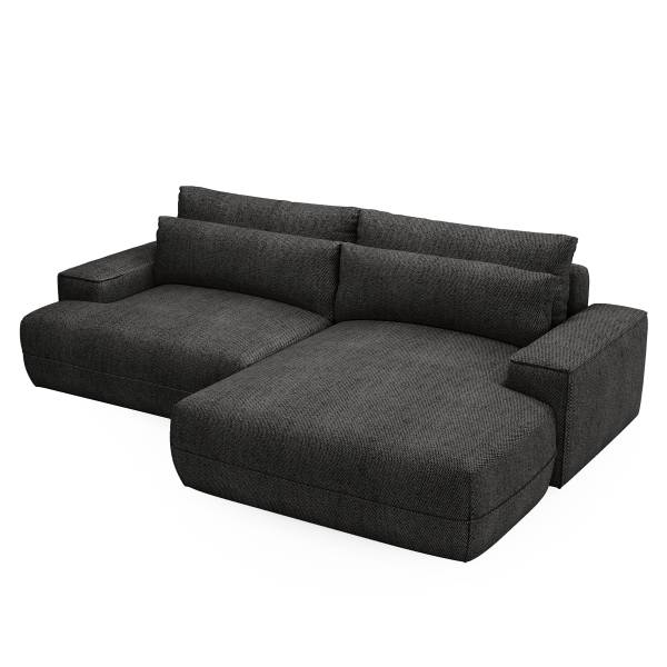 Ecksofa MEREEN mit Schlaffunktion Webstoff Monja: Schwarz - Longchair davorstehend rechts