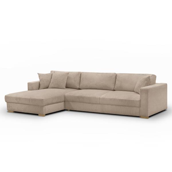 Ecksofa MONTI mit Schlaffunktion Cordstoff Poppy: Cappuccino - Longchair davorstehend links