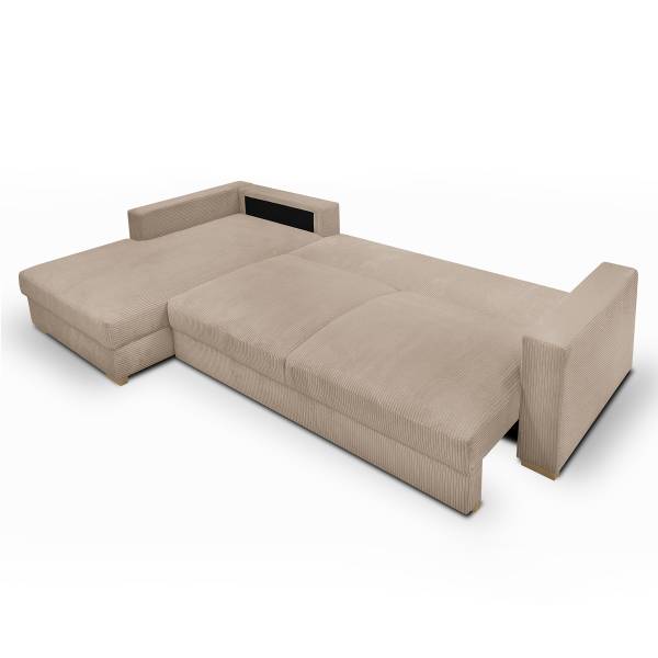 Ecksofa MONTI mit Schlaffunktion Cordstoff Poppy: Cappuccino - Longchair davorstehend links