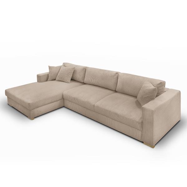 Ecksofa MONTI mit Schlaffunktion Cordstoff Poppy: Cappuccino - Longchair davorstehend links