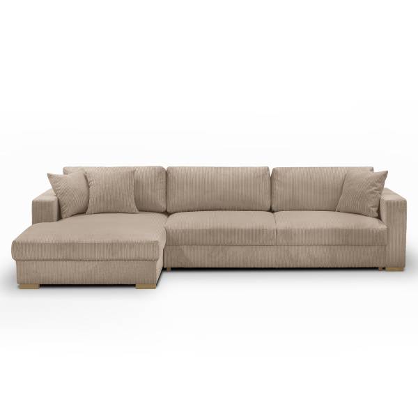 Ecksofa MONTI mit Schlaffunktion Cordstoff Poppy: Cappuccino - Longchair davorstehend links