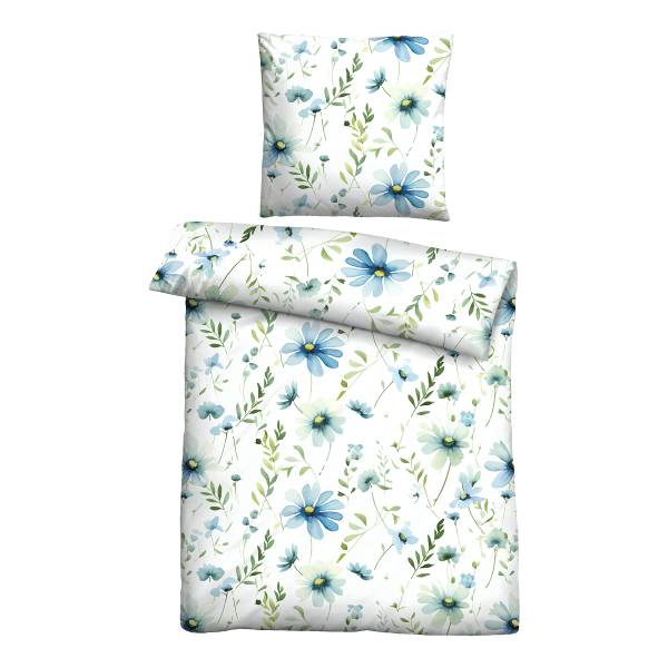 Seersucker Bettwäsche Geblühmt Baumwolle - Blau - 135 x 200 cm + Kissen 80 x 80 cm