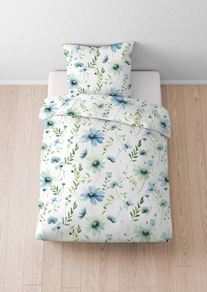 Seersucker Bettwäsche Geblühmt Baumwolle - Blau - 135 x 200 cm + Kissen 80 x 80 cm