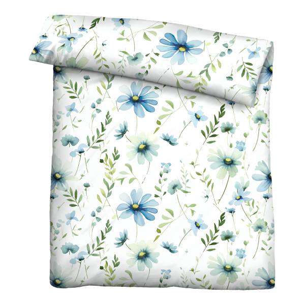 Seersucker Bettwäsche Geblühmt Baumwolle - Blau - 135 x 200 cm + Kissen 80 x 80 cm