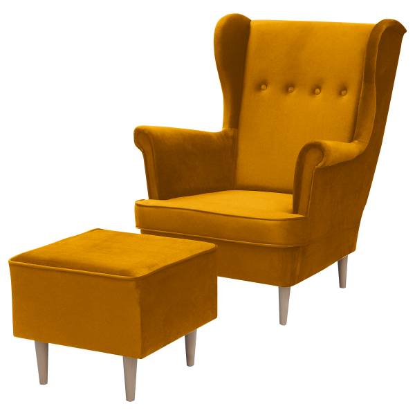 Oorfauteuil YUNA velours Ravi: mosterdgeel - met hocker