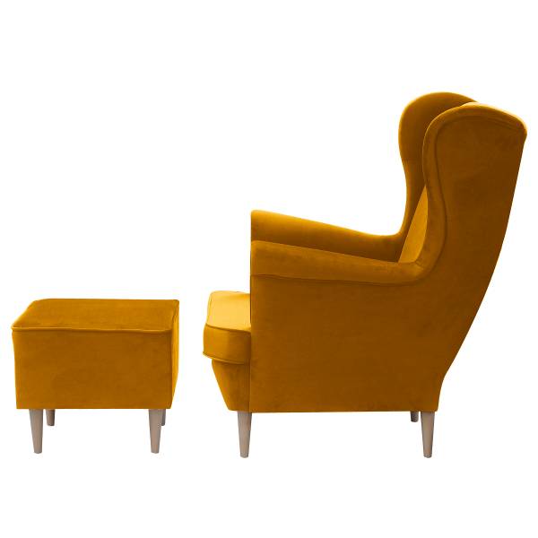 Oorfauteuil YUNA velours Ravi: mosterdgeel - met hocker