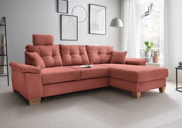 Divano letto angolare Elolo A Velluto a coste Duana: corallo - Longchair preimpostata a destra
