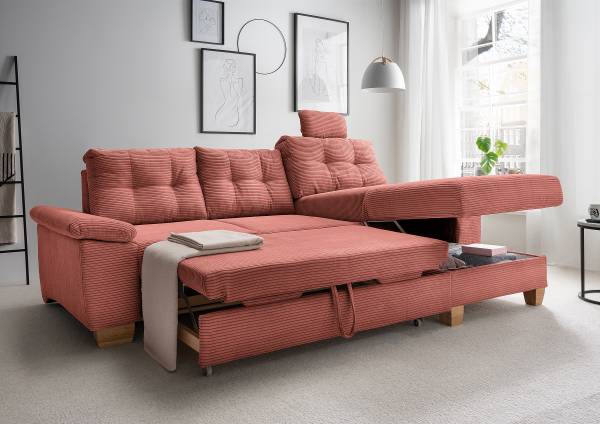 Divano letto angolare Elolo A Velluto a coste Duana: corallo - Longchair preimpostata a destra