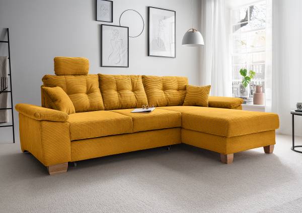 Ecksofa Elolo mit Schlaffunktion Typ A Cordstoff Duana: Gold - Longchair davorstehend rechts