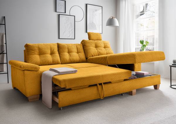 Ecksofa Elolo mit Schlaffunktion Typ A Cordstoff Duana: Gold - Longchair davorstehend rechts
